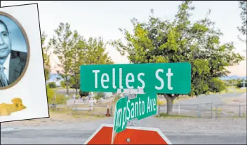  ?? Las Vegas Review-journal @Left_eye_images ?? L.E. Baskow
ABOVE: Telles Street runs for three blocks in the community of La Union north of El Paso, Texas, in Anthony, N.M.
LEFT: A photo of El Paso, Texas, Mayor Raymond L. Telles Jr., who served from 1957 to 1961, on display at City Hall on Thursday in El Paso, Texas.