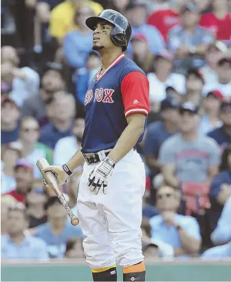  ?? STAFF PHOTO BY NICOLAUS CZARNECKI ?? HUH? Xander Bogaerts is incredulou­s after striking out during the Sox’ 2-1 loss to the Orioles yesterday at Fenway.
