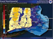  ?? NATIONAL WEATHER SERVICE MAP ?? Up to 5 inches of snow is possible for the Boston-area, while up to 12 inches is possible in parts of the Berkshires and higher elevations near the New Hampshire border.