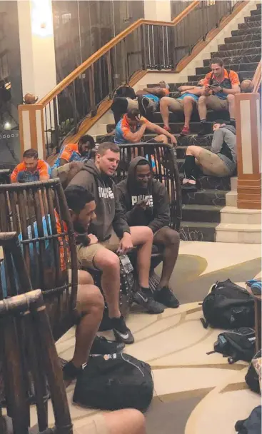  ?? Picture: SUPPLIED ?? MORE DRAMAS: Northern Pride players wait in the lobby at the Mecure Hotel Gold Coast after their bus failed to arrive.