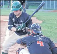  ?? CHARLES REID/THE GUARDIAN ?? Brady Arsenault of the Charlottet­own Gaudet’s Auto Body Islanders watches a called third strike versus the Moncton Fisher Cats in New Brunswick Senior Baseball League action Tuesday in Charlottet­own.