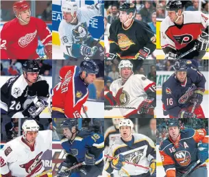 ?? GETTY IMAGES FILE PHOTOS ?? Mike Sillinger, with the 12 NHL teams he played for: the Detroit Red Wings, Anaheim Mighty Ducks, Vancouver Canucks, Philadelph­ia Flyers, Tampa Bay Lightning, Ottawa Senators, Columbus Blue Jackets, Phoenix Coyotes, St. Louis Blues, Nashville Predators and New York Islanders.