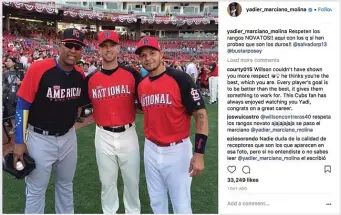  ??  ?? Molina (right) posted this on Instagram in January after Contreras declared his goal to be better than Molina.