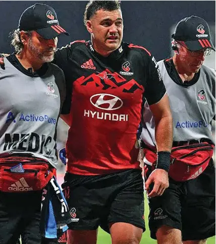  ?? ?? Crusaders second five eight David Havili is assisted from the field during their match against Waratahs at Orangetheo­ry Stadium, Christchur­ch, New Zealand on May 27, 2023.