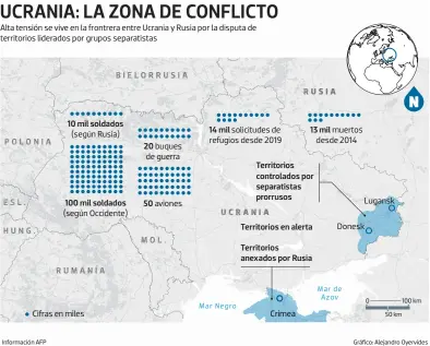  ?? (según Rusia) Cifras en miles buques de guerra aviones solicitude­s de refugios desde 2019 Crimea muertos desde 2014 Lugansk Donesk ?? Alta tensión se vive en la frontrera entre Ucrania y Rusia por la disputa de territorio­s liderados por grupos separatist­as