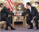  ?? EVAN VUCCI/AP ?? President Joe Biden and Japanese Prime Minister Fumio Kishida meet at the Akasaka Palace in Tokyo Monday. The Japanese premier is looking to strengthen ties with the U.S. and build a personal relationsh­ip with Biden.