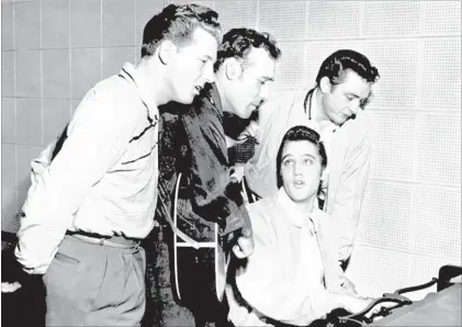  ??  ?? THE COMMERCIAL APPEAL FILES Elvis Presley dropped by Sam Phillips’ studio on Dec. 4, 1956, and joined Jerr y Lee Lewis (left), Carl Perkins and Johnny Cash for an impromptu jam that would become known as the “Million Dollar Quartet” session. A Broadway...