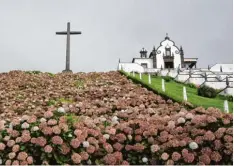  ??  ?? Im Westen liegen der „Blaue See“und der „Grüne See“(oben). Auch ein Hingucker sind die vielen Hortensien neben der Kirche Nossa Senhora da Paz im Süden der Insel.