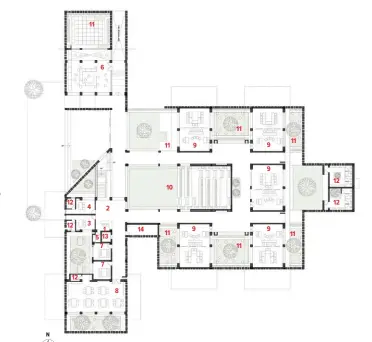  ??  ?? 1. RECEPTION 2. WAITING 3. HOD 4. DIRECTOR 5. PANTRY 6. LIBRARY 7. MEETING 8. STAFF ROOM 9. CLASSROOM
10. CENTRAL COURTYARD 11. OUTDOOR ACTIVITY AREA 12. TOILETS
13. LIFT
14. EB PANEL ROOM
GROUND FLOOR PLAN