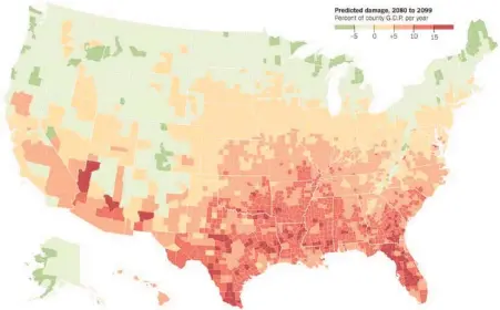  ?? GRAPHIC BY THE NEW YORK TIMES ?? The map shows median estimates of economic damage per year in 2080-99 under a high-emissions scenario. Damage is calculated as a percentage of county GDP, factoring in agricultur­e, mortality, crime, labor productivi­ty, coastal impacts and energy...