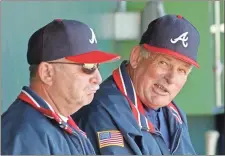  ?? Tns — Tom Priddy ?? Leo Mazzone (left) and Bobby Cox talk in the dugout during a 2005 spring game. Mazzone, the Braves’ longtime pitching coach, will be one of three inducted into the Braves Hall of Fame.