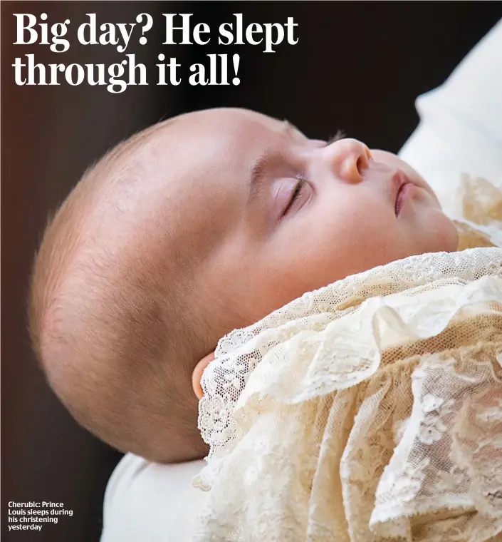  ??  ?? Cherubic: Prince Louis sleeps during his christenin­g yesterday