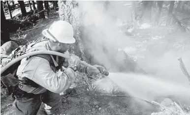  ?? MIKE MCMILLAN/TNS ?? Wildfires are damaging some of the nation’s most important areas for cannabis production. Above, flames being doused in California.