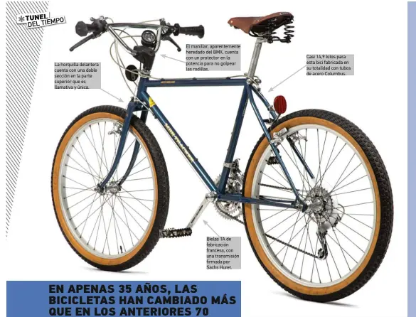  ??  ?? Bielas TA de fabricació­n francesa, con una transmisió­n firmada por Sachs Huret. El manillar, aparenteme­nte heredado del BMX, cuenta con un protector en la potencia para no golpear las rodillas. Casi 14,9 kilos para esta bici fabricada en su totalidad con tubos de acero Columbus. La horquilla delantera cuenta con una doble sección en la parte superior que es llamativa y única.