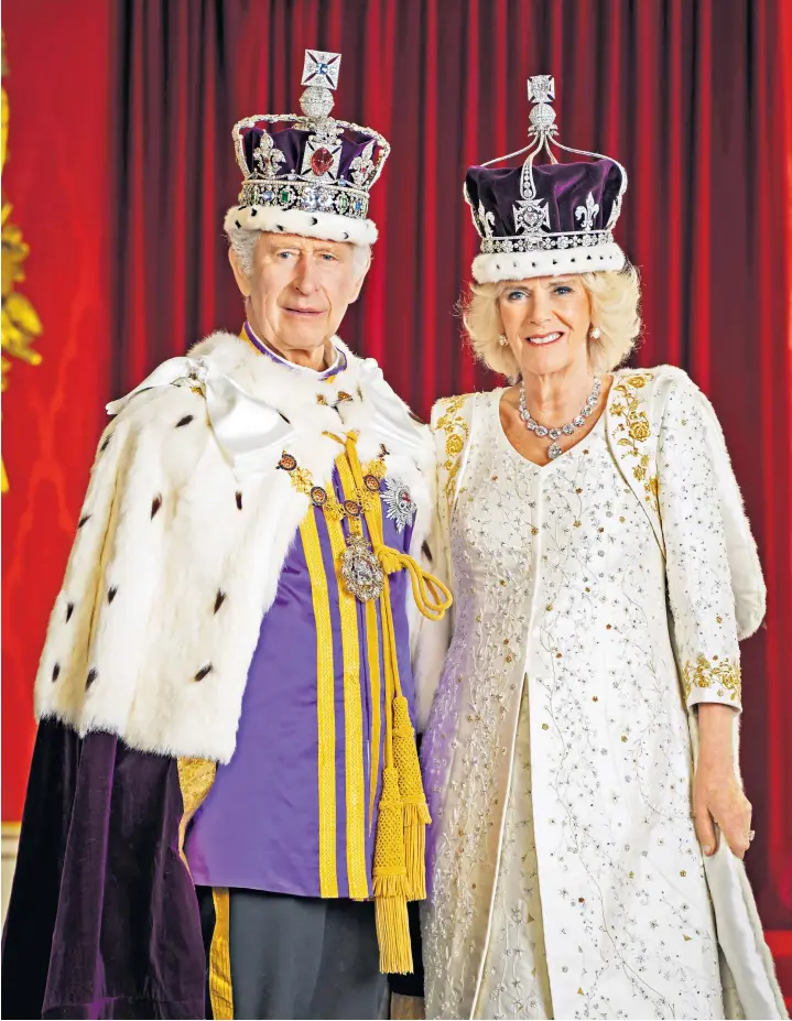  ?? ?? The official portait of Queen Camilla pictured in The Green Drawing Room at Buckingham Palace, wearing Queen Mary’s Crown and the Robe of Estate, above left; the King and Queen in the Throne Room at Buckingham Palace, above right; the image of the Queen will draw comparison­s to the portrait by Cecil Beaton of Elizabeth II in 1953, right