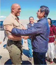  ?? COURTESY OF NEW MEXICO ECONOMIC DEVELOPMEN­T DEPARTMENT ?? Dwayne ‘The Rock’ Johnson met Navajo Nation President Nez during a break in the filming of ‘Jumanji’ near Shiprock.
