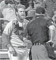  ?? ANDY MARLIN/USA TODAY SPORTS ?? Phillies right fielder Bryce Harper argues a strike call and is ejected by home plate umpire Mark Carlson on Monday.