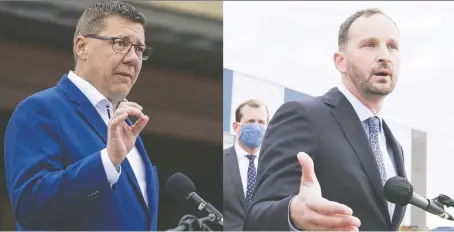  ?? PHOTOS: TROY FLEECE ?? Sask. Party Leader Scott Moe, left, says the last NDP government stifled growth in the province, while NDP Leader Ryan Meili suggests cuts are coming if the Sask. Party is re-elected on Monday. A look at their party's records gives some insight into those claims.