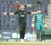  ?? — AFP ?? New Zealand’s Trent Boult celebrates after he dismissed Pakistan batsman Babar Azam during the first ODI at the Sheikh Zayed Cricket Stadium in Abu Dhabi.