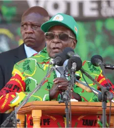  ?? Picture: Believe Nyakudjara ?? President Mugabe addresses the ZANU-PF bountiful crowd that packed Chipadze Stadium for the eighth leg of the ruling party’s Presidenti­al Youth Interface Meeting in Bindura yesterday.