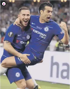  ?? PICTURES: YURI KADOBNOV/AFP, ADAM DAVY/PA & MICHAEL REGAN/GETTY ?? 1 Eden Hazard sweeps home his second and Chelsea’s fourth goal in his final game for the London club.
2 Hazard, left, lifts Pedro up in celebratio­n after the Spanish attacker had put the Blues 2-0 up against rivals Arsenal.
3 French striker Olivier Giroud looks skyward after opening the scoring against his former club with a glancing header.