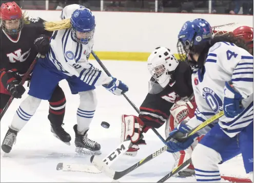  ?? Dave Stewart / Hearst Connecticu­t Media ?? Darien’s Colleen Cassidy (2) pressures the net while New Canaan goalie Blythe Novick defends during a girls ice hockey game at the Darien Ice House on Feb. 1. Girls hockey has pushed back the start of the season to Jan. 19, 2021.