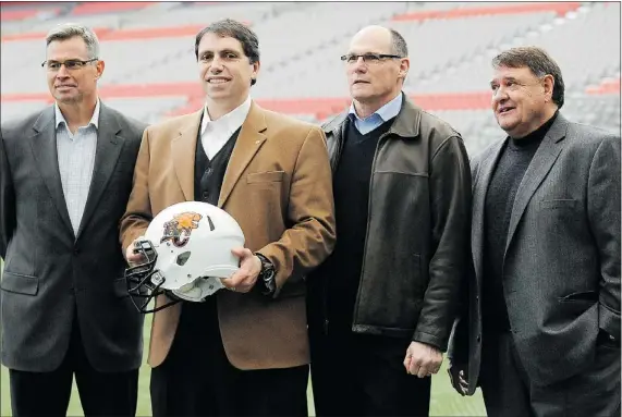  ?? NICK PROCAYLO — PNG ?? The new coaching crew for the B.C. Lions include, from left: offensive coordinato­r Jacques Chapdelain­e, head coach Mike Benevides, special teams coordinato­r Chuck Mcmann, and defensive coordinato­r Rich Stubler. Instabilit­y is part of the job...
