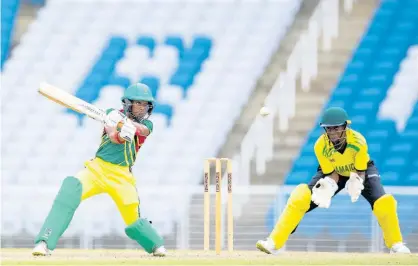  ?? CWI MEDIA ?? Windward Islands captain Zaida James (left) plays a cut shot during her match-winning innings against Jamaica Wicketkeep­er Tasha-Gaye Gordon looks on during their CWI Women’s U19 Rising Stars T20 match at the Brian Lara Cricket Academy in Tarouba, Trinidad and Tobago, yesterday.