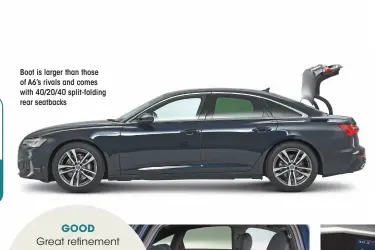  ??  ?? Boot is larger than those of A6’s rivals and comes with 40/20/40 split-folding rear seatbacks GOOD Great re nement Interior quality Spacious, with a big boot BAD Some other luxury cars are better to drive Hesitant automatic gearbox