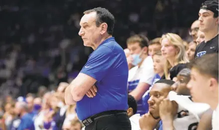  ?? GERRY BROOME AP ?? Duke head coach Mike Krzyzewski watches during the second half, when North Carolina shot 59 percent to upset to the No. 4 Blue Devils.