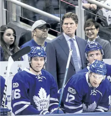  ?? CRAIG ROBERTSON/TORONTO SUN ?? Maple Leafs head coach Mike Babcock grimaces during the first period of a game last week in Toronto.