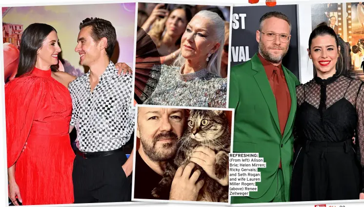  ?? ?? REFRESHING: (From left) Alison Brie; Helen Mirren; Ricky Gervais; and Seth Rogan and wife Lauren Miller Rogen; (above) Renee Zellweger