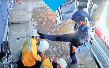  ??  ?? Myanmar police bludgeon the medical crew with rifle butts, top. Above, one of the officers delivers a vicious kick to a victim’s head