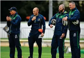  ?? SPORTSFILE ?? Plans: Connacht management staff before the the PRO14 match between Connacht and Scarlets at the Sportsgrou­nd