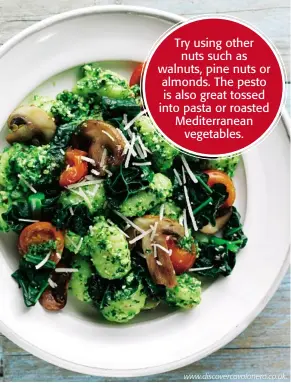  ??  ?? Try using other nuts such as walnuts, pine nuts or almonds. The pesto is also great tossed into pasta or roasted Mediterran­ean vegetables.