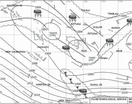  ?? Photo: Fiji Meteorolog­ical Services ?? Mean Sea Level Weather Map at 3pm on 07 February 2018 with a TD07F analysed Northwest and TD08F located over southern parts of the Fiji Group. Troughs, cloud and rain affects the country.