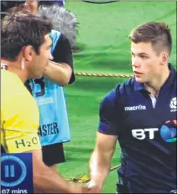  ??  ?? Huw Jones from Ashford earns his first internatio­nal cap for Scotland against Japan