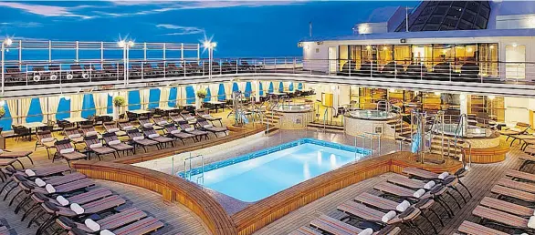  ?? SILVERSEA ?? The Silver Muse’s pool deck. Silversea is claiming its next new vessel, Silver Muse, will feature the highest number of large (and connecting) suites for family and friends: 36 square metres is a lot of room and that’s only in the Classic Veranda...
