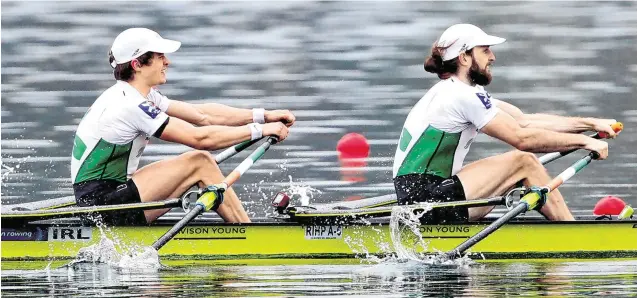  ?? SPORTSFILE ?? Fintan McCarthy, left, and Paul O’Donovan pulling hard on their way to victory in the Lightweigh­t Men’s Double Sculls A final at the European Championsh­ips yesterday