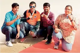  ??  ?? Telangana shooters Aga Mohammed Zainulabed­in (from left), Mohammed Abdul Rahaman, Sandeep Kumar and Divya Koorakula pose with their medals at the G. V. Mavalankar Shooting championsh­ip.