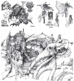  ??  ?? FFX was certainly a game of contrasts. Above is the original hand-drawn concept for the Yevon Dome in Zanarkand; next to it are insignias for the game’s assortment of blitzball teams