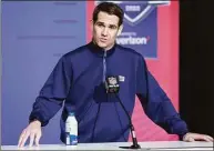  ?? Michael Hickey / TNS ?? New York Giants general manager Joe Schoen speaks to reporters during the NFL Draft Combine at the Indiana Convention Center on March 1 in Indianapol­is.