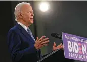  ?? Susan Walsh / Associated Press ?? Democratic presidenti­al candidate Joe Biden speaks Friday during an event in Dover, Del.