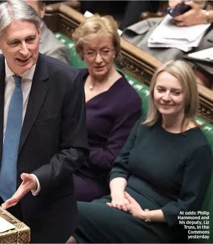  ??  ?? At odds: Philip Hammond and his deputy, Liz Truss, in the Commons yesterday