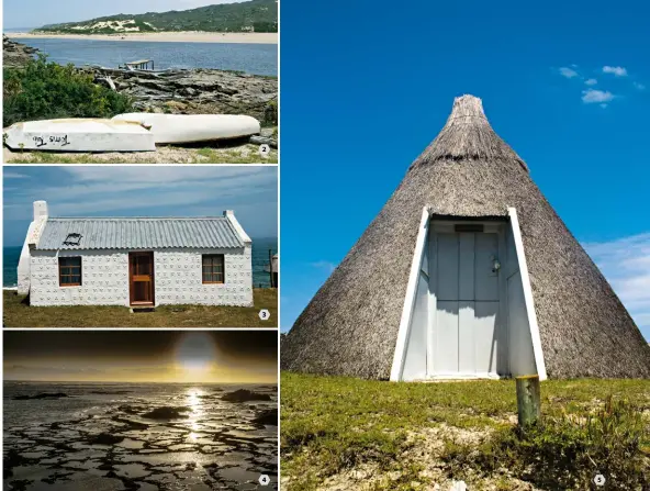  ??  ?? 1 The view of the seafront row of cottages in Puntjie from a small cave on the beach. 2 Some of the cottages overlook the Duiwenhoks River. 3 This is the first brick house that was built in Puntjie. 4 A sunset shot taken from the beach. 5 A typical kapstyl cottage in the seafront row in Puntjie. Kapstyl, directly translated, means roof-truss style, referring to the building method.