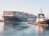  ?? SUEZ CANAL AUTHORITY ?? A tugboat pulls the Panama-flagged, Japanese owned Ever Given in the Suez Canal after the colossal container ship was freed Monday.