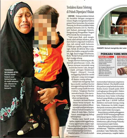  ?? NURUL KOMARIAH/JAWA POS ?? TANGISAN SEORANG ISTRI: Hartini masih histeris saat Suhud berada di mobil tahanan dan dibawa ke Rutan Cerme kemarin.