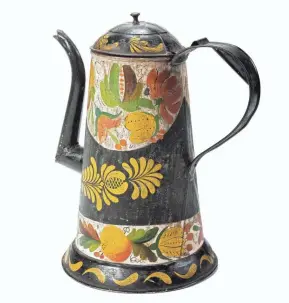  ?? HANDOUT ?? This 19th-century 10-inch-high painted tin coffeepot sold in a Cowan auction for $544.