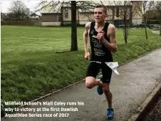  ??  ?? Millfield School’s Niall Coley runs his way to victory at the first Dawlish Aquathlon Series race of 2017