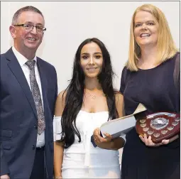  ??  ?? Amy Doyle receives the LCA Award from principal John Murphy and Lorraine Kells.